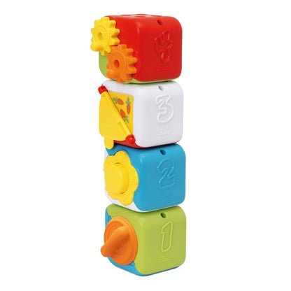 Cub multifuncțional 2 în 1 Chicco, set cu 4 blocuri colorate de animale, stivuite pentru distracție senzorială, activități manuale și logice, jucărie pentru copii 10-36 luni.