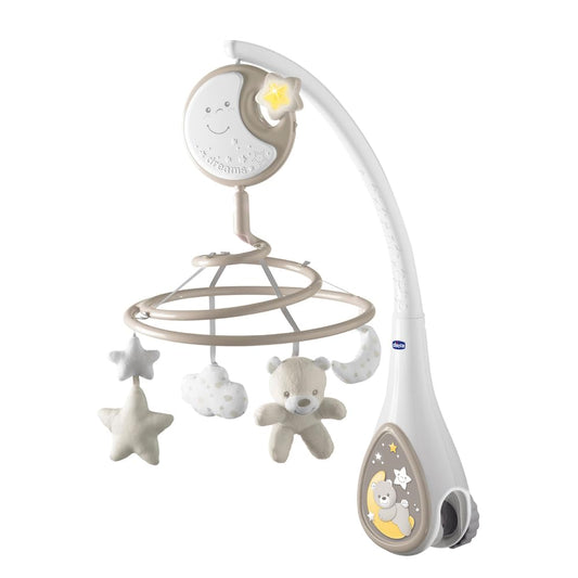 Chicco Next2Dreams Mobile pentru bebeluși 3-în-1 cu cutie muzicală electronică pentru pătuț și leagăn, cu efecte sonore, proiector de lumină blândă, muzică – 0+ luni, bej