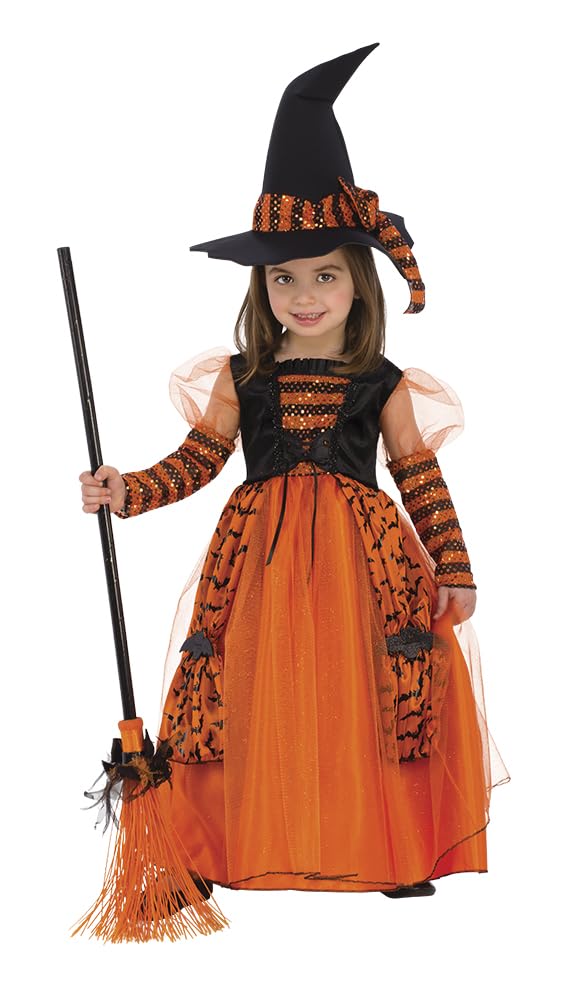 Rubies 510567 Costum de vrăjitoare strălucitor pentru fete, rochie portocalie cu detalii sclipitoare și pălărie cu paiete pentru Halloween, Carnaval, Zi de naștere și Crăciun