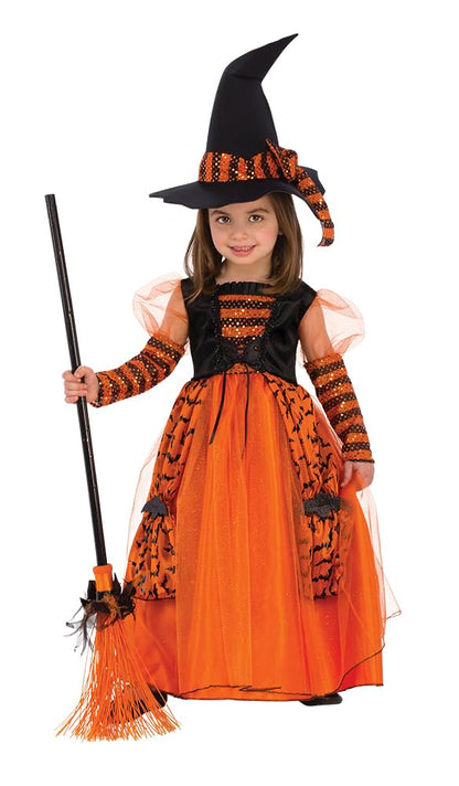 Rubies 510567 Costum de vrăjitoare strălucitor pentru fete, rochie portocalie cu detalii sclipitoare și pălărie cu paiete pentru Halloween, Carnaval, Zi de naștere și Crăciun