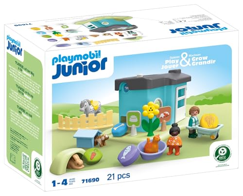 PLAYMOBIL JUNIOR | Adăpost pentru animale cu distribuitor de hrană | jucărie ecologică din plastice biobazate | pentru copii de la 1 an | 71690