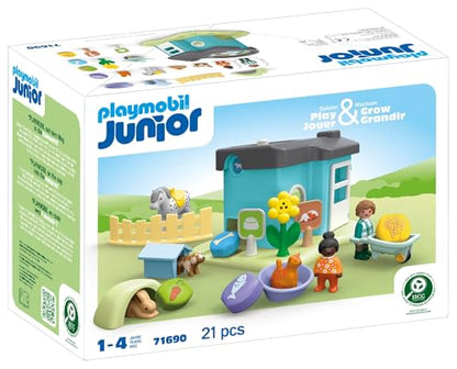 PLAYMOBIL JUNIOR | Adăpost pentru animale cu distribuitor de hrană | jucărie ecologică din plastice biobazate | pentru copii de la 1 an | 71690