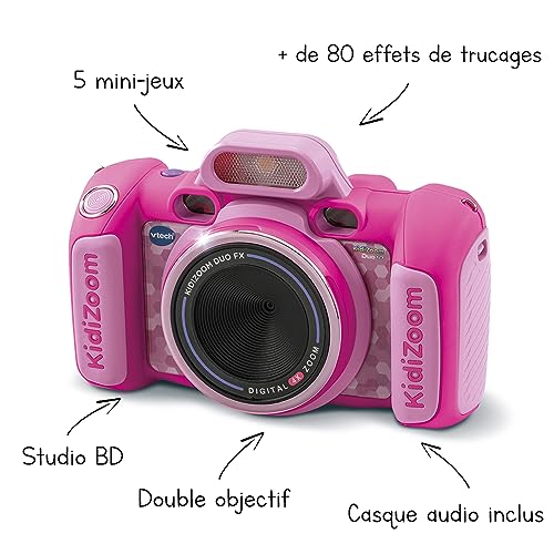 VTech KidiZoom Duo FX Roz, cameră digitală pentru copii, foto, selfie, video, display color, studio de benzi desenate, filtre și efecte amuzante, cadou pentru copii de 4-12 ani