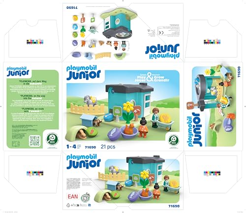 PLAYMOBIL JUNIOR | Adăpost pentru animale cu distribuitor de hrană | jucărie ecologică din plastice biobazate | pentru copii de la 1 an | 71690