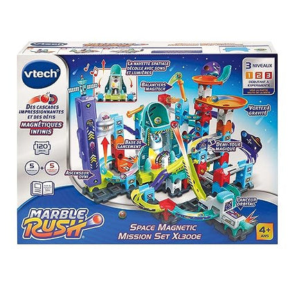 VTech - Marble Rush, Pista cu bile electronice, Set misiune magnetică spațială XL300E, joc magnetic, 120 piese, 10 bile, cadou pentru copii de la 4 ani – conținut în limba franceză