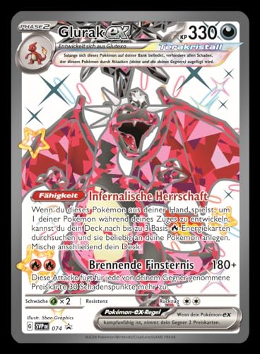 Pokémon - Joc de Cărți Colecționabile: Cutie de Metal Roșie și Violetă – Destinul din Paldea – Glurak-ex Iridiscente (1 Carte Promoțională Holografică și 4 Pachete de Întărire) - Editie in limba germana