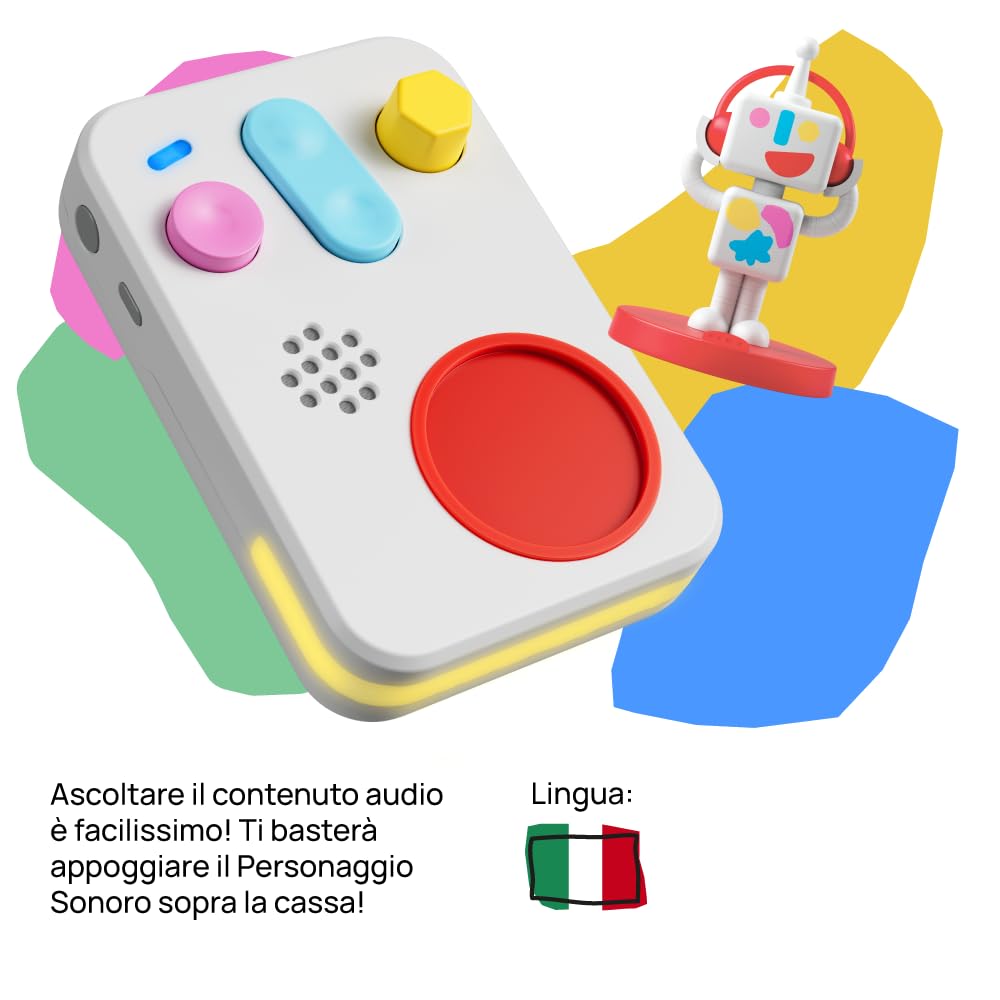 FABA + Povestitor interactiv pentru copii cu audio pentru 0-10 ani, Audiobox cu figură sonoră Faba•Me, lumini de noapte, rutină de somn, joc educativ muzical, versiune italiană