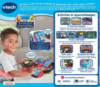VTech - Super Turbo-Konsole, simulator de condus cu display colorat, curse auto, învățare și jocuri, cadou pentru copii 3-8 ani – conținut în limba franceză
