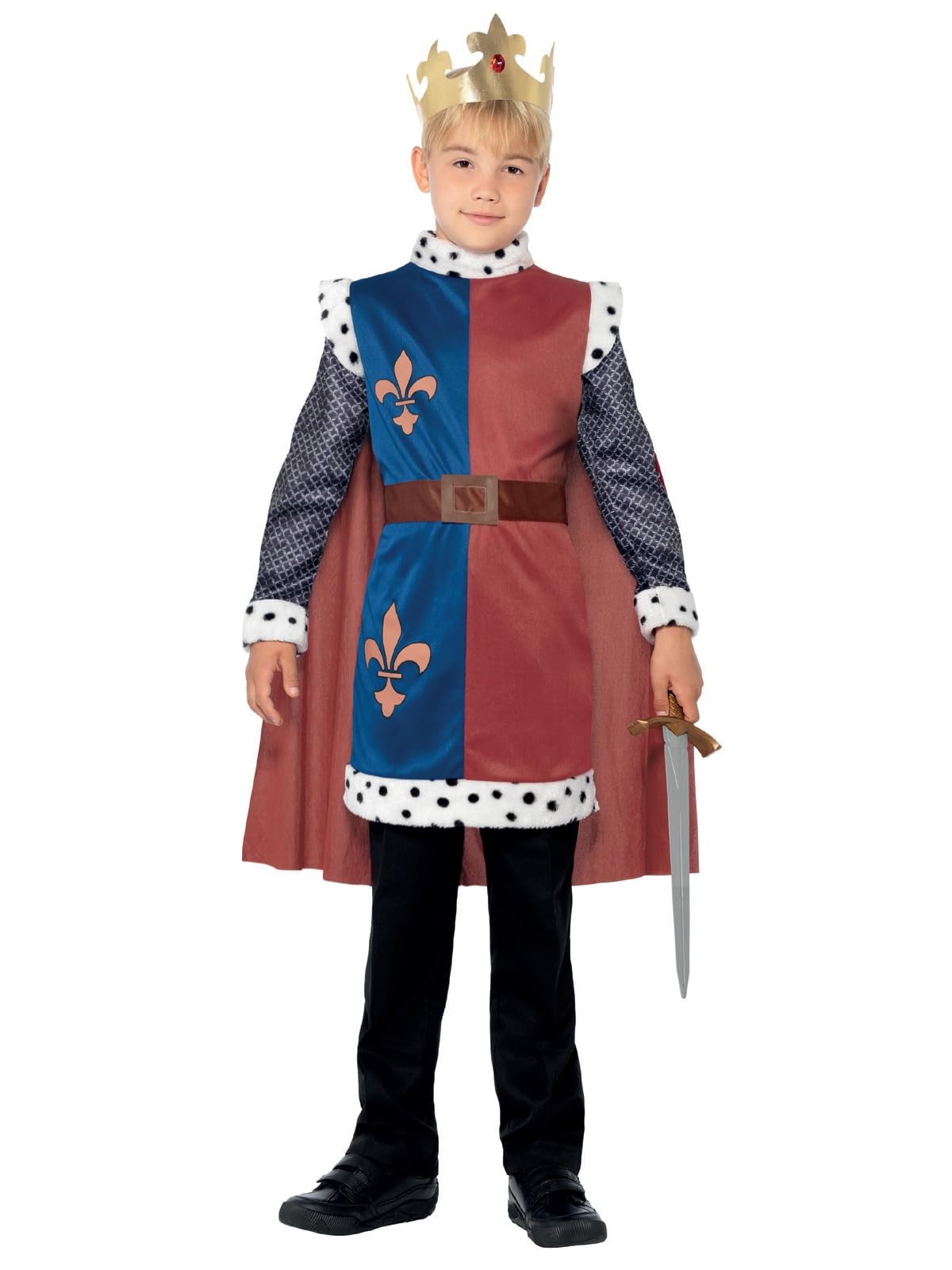 Costum de Rege Arthur Smiffys, roșu, cu mantie, coroana și tunică cu blazon