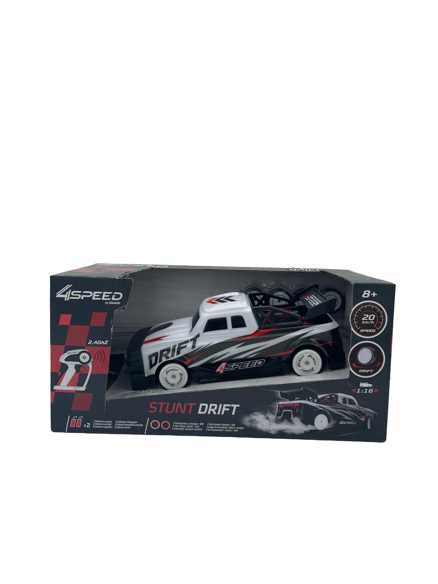 Mașină de drift și stunt cu telecomandă Silverlit 70013 - 4 viteze, 2,4 GHz, alb/negru, 24 cm