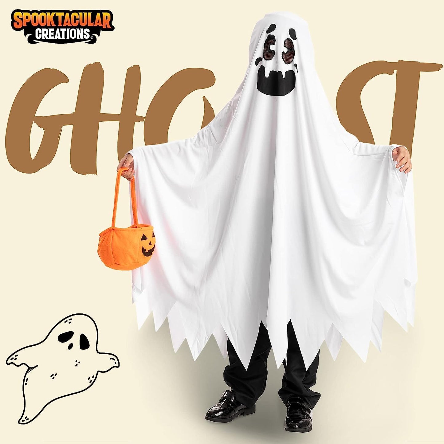 Costume de fantomă albe pentru copii, costum de Halloween cu zâmbet și fantomă Boo pentru Trick-or-Treating (X-Large 12-14 ani)