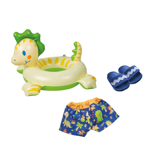 Set de înot Heless 22 pentru păpuși în design cu dinozauri, 3 piese: costum de baie, papuci și colac, pentru păpuși de 35-45 cm, distracție la baie în zilele călduroase de vară.