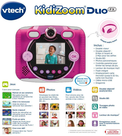 VTech KidiZoom Duo FX Roz, cameră digitală pentru copii, foto, selfie, video, display color, studio de benzi desenate, filtre și efecte amuzante, cadou pentru copii de 4-12 ani