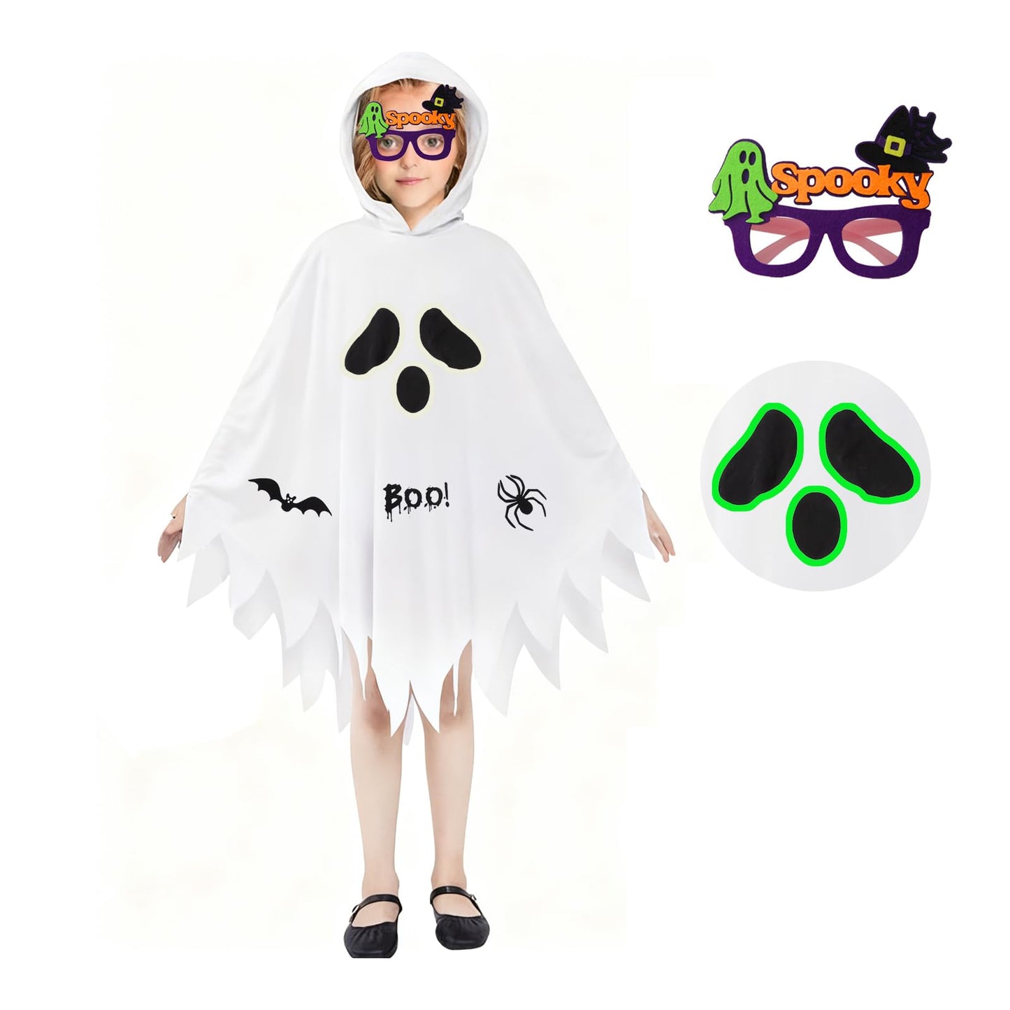 Costum de fantomă pentru copii Kinwers, alb, Halloween, cu ochelari luminoși, pentru înălțimi de 105-115 cm.