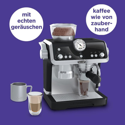 Mașină de cafea Casdon De'Longhi espressor pentru copii. Set de joacă cu bucătărie, cu piese mobile, sunete realiste și cafea magică. Recomandat copiilor de la 3 ani.