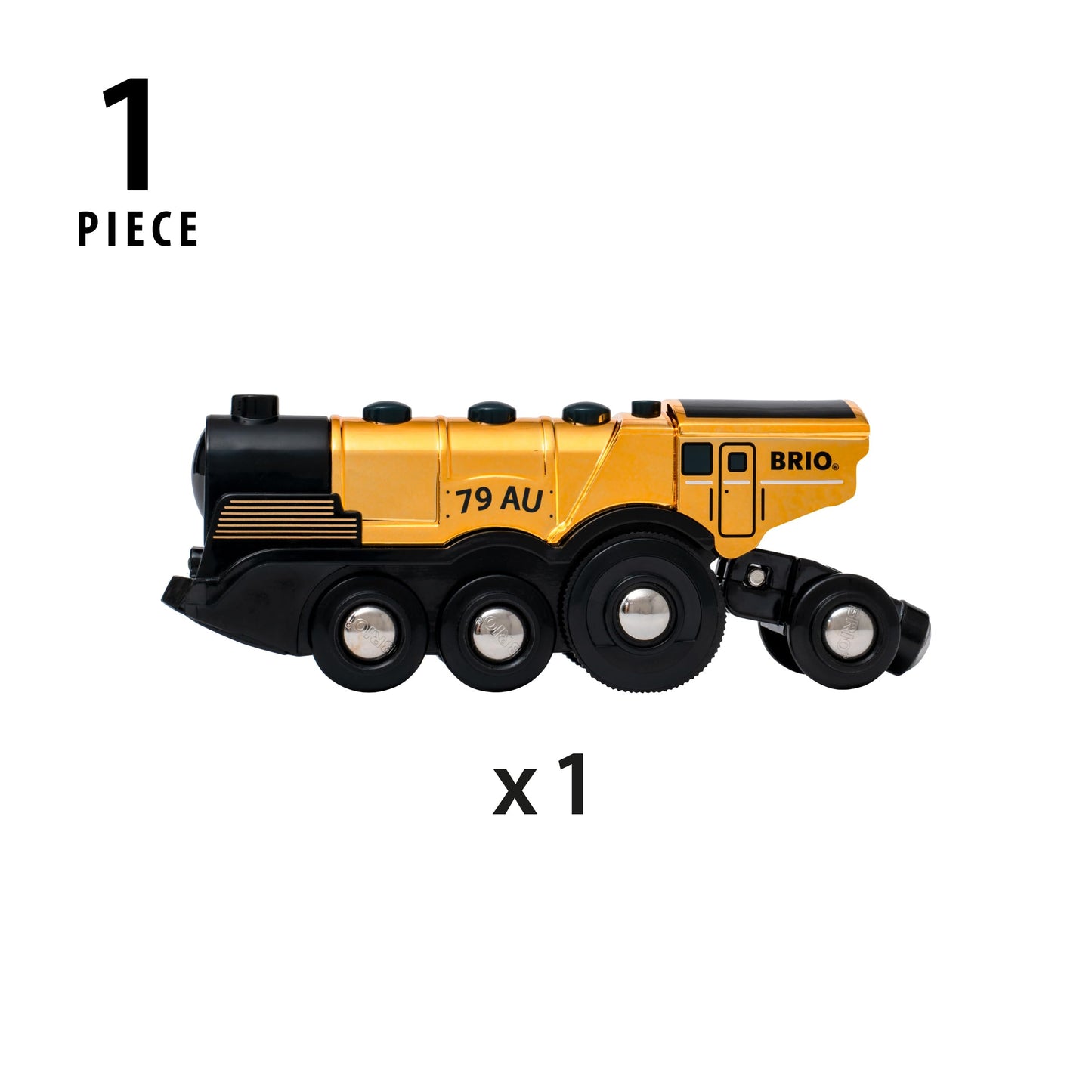 BRIO World 33630 Locomotivă cu baterii aurie cu lumină și sunet cu funcție de decuplare pentru utilizare ca locomotivă de împins recomandată de la 3 ani
