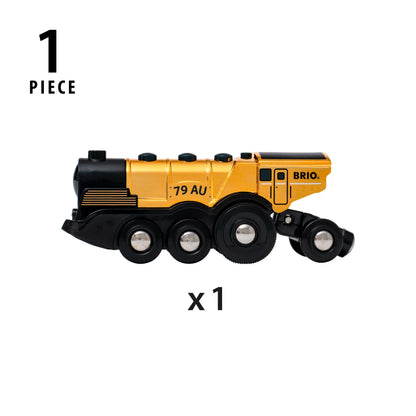 BRIO World 33630 Locomotivă cu baterii aurie cu lumină și sunet cu funcție de decuplare pentru utilizare ca locomotivă de împins recomandată de la 3 ani
