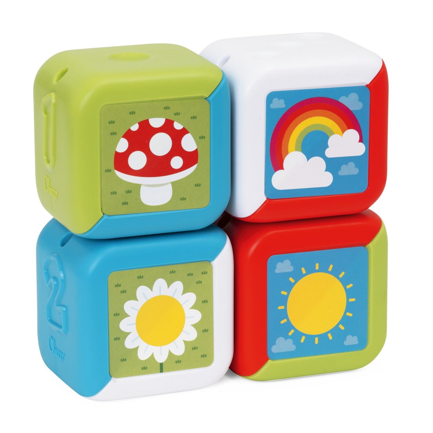 Cub multifuncțional 2 în 1 Chicco, set cu 4 blocuri colorate de animale, stivuite pentru distracție senzorială, activități manuale și logice, jucărie pentru copii 10-36 luni.