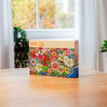 Puzzle Ravensburger Blumenfenster - 100 Piese pentru Seniori - Piese Mari din Material Antiderapant, cu Imagine Mare și Suport pentru Puzzlare