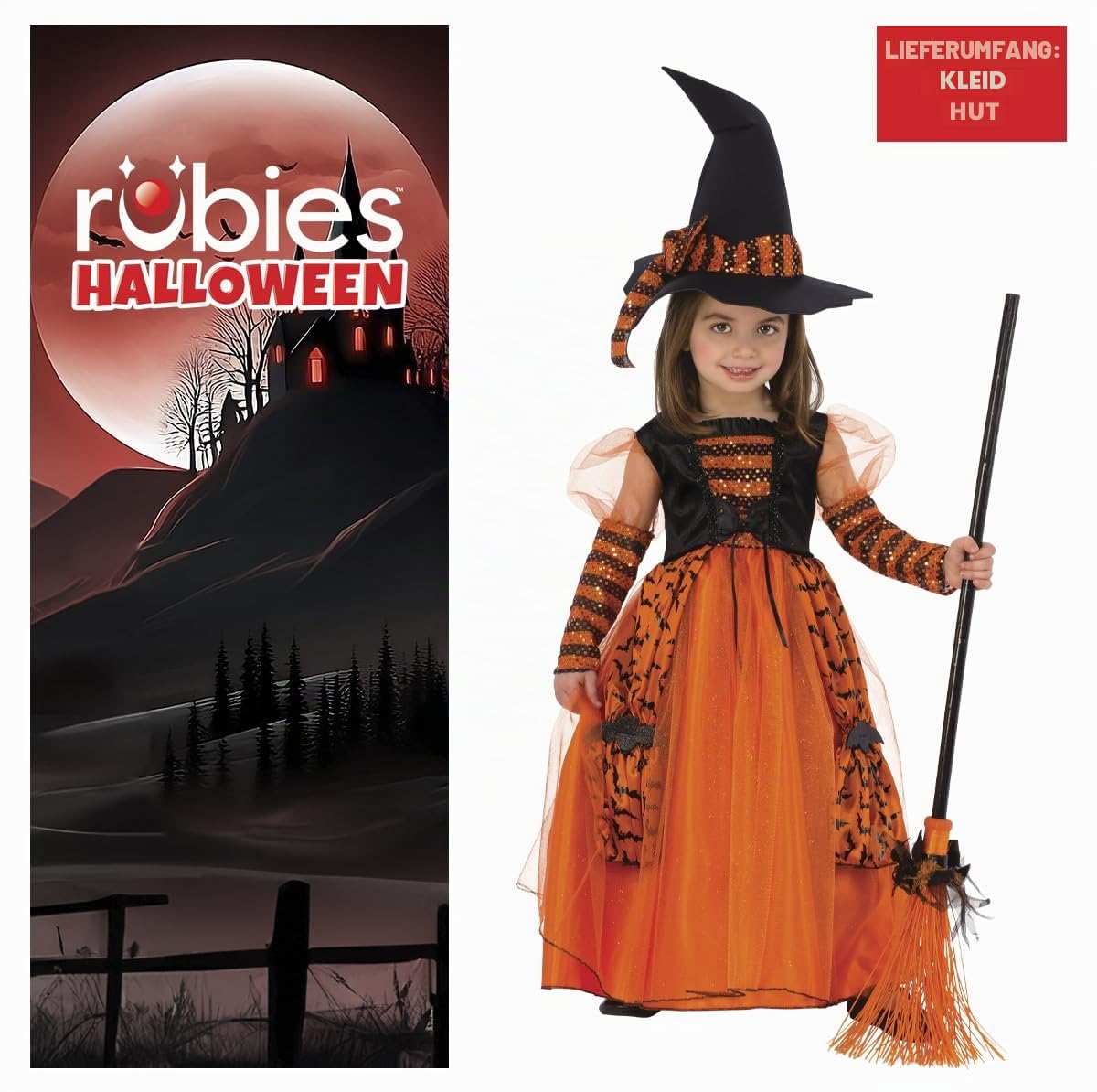 Rubies 510567 Costum de vrăjitoare strălucitor pentru fete, rochie portocalie cu detalii sclipitoare și pălărie cu paiete pentru Halloween, Carnaval, Zi de naștere și Crăciun