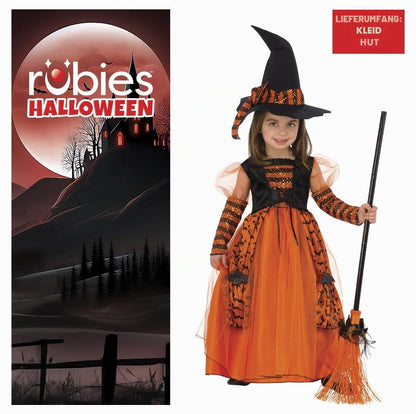 Rubies 510567 Costum de vrăjitoare strălucitor pentru fete, rochie portocalie cu detalii sclipitoare și pălărie cu paiete pentru Halloween, Carnaval, Zi de naștere și Crăciun