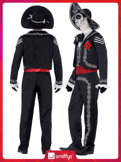 Smiffys Deluxe Senor Bones Costum Ziua Morților pentru Bărbați, Negru, Halloween și Carnaval
