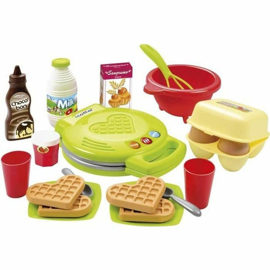 Set de Waffle Ecoiffier 22 piese cu alimente de jucărie, accesorii ideale pentru bucătării de joacă, aparat de făcut waffles, pentru copii de la 18 luni, verde