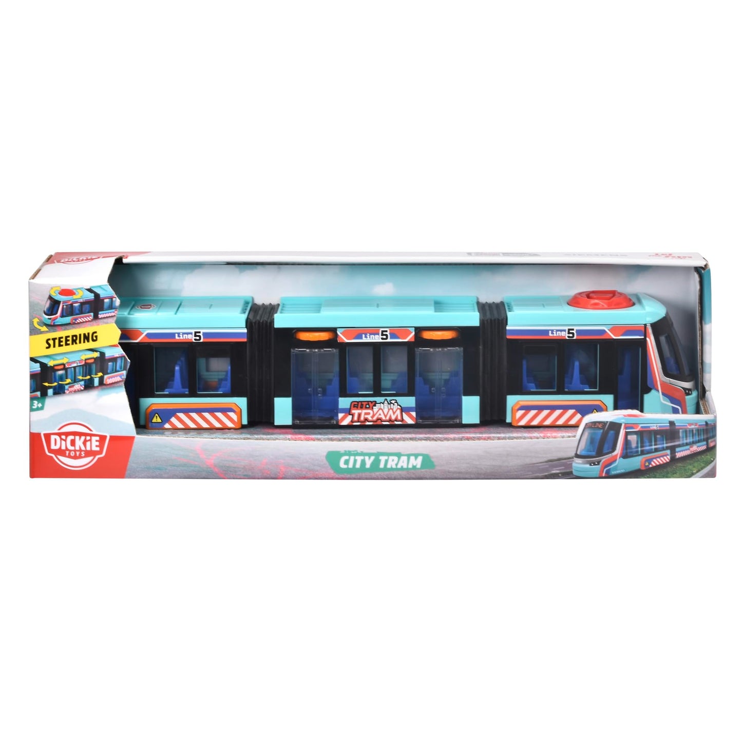 Dickie Toys City Tram Tramvai Jucărie 41,5 cm cu roți libere, direcție și uși care se deschid de la 3 ani