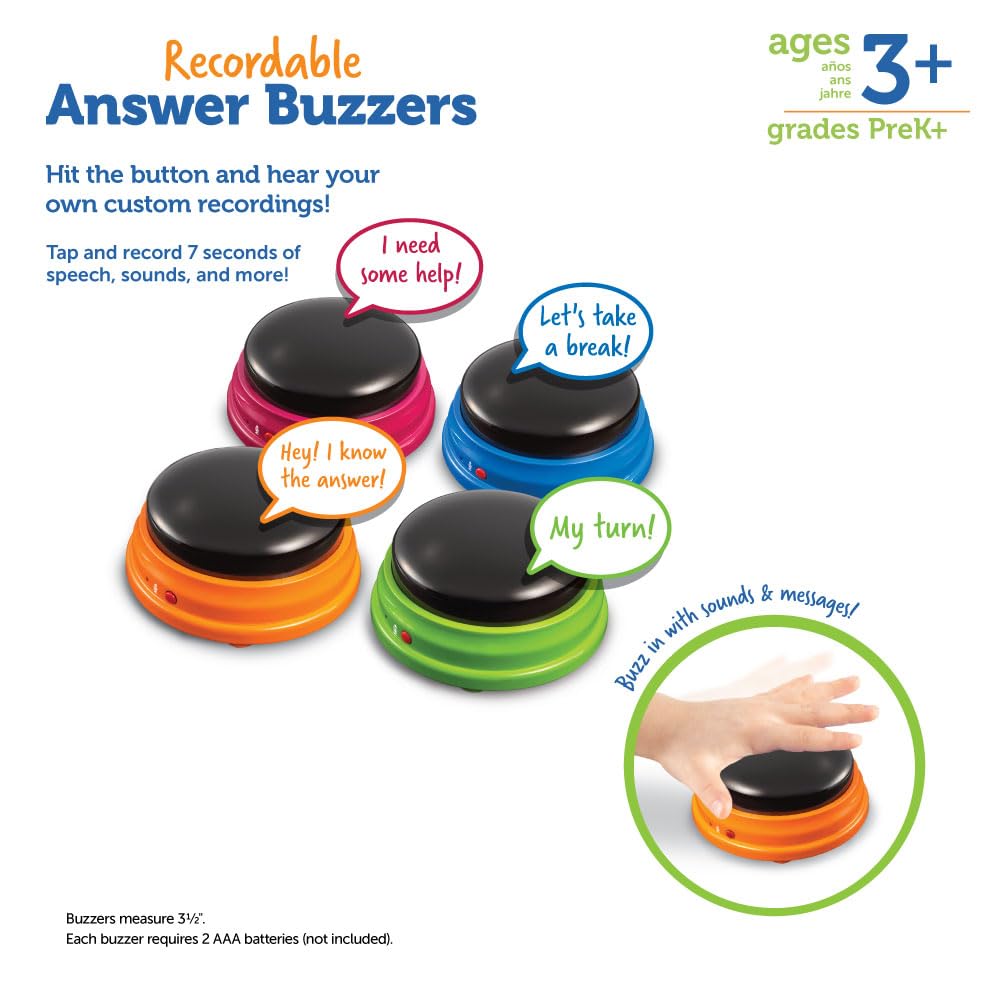 Resurse educaționale: Buzzer cu funcție de înregistrare (4 bucăți) - Buzzer cu sunet pentru antrenament de reacție, ideal pentru serile de jocuri în clasă și în familie, 3+