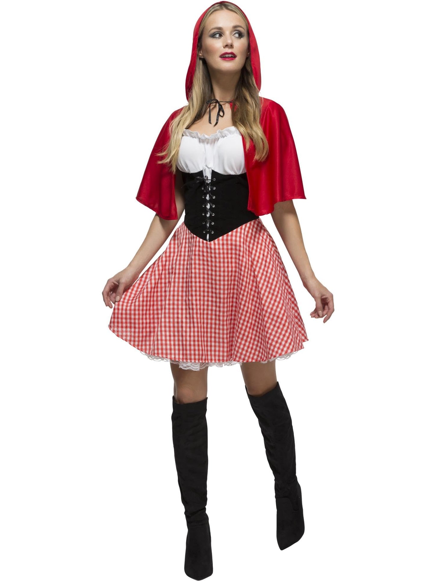 Costum Scufița Roșie, roșu, cu rochie și pelerină cu glugă, (M)