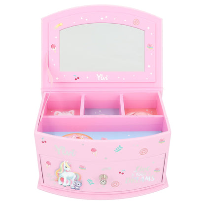 Depesche 13203 Ylvi - Cutie mică pentru bijuterii roz, cu motiv de unicorn și model, cutie de bijuterii cu capac pliabil și oglindă