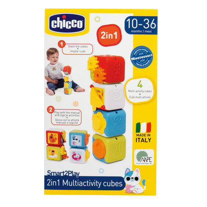 Cub multifuncțional 2 în 1 Chicco, set cu 4 blocuri colorate de animale, stivuite pentru distracție senzorială, activități manuale și logice, jucărie pentru copii 10-36 luni.