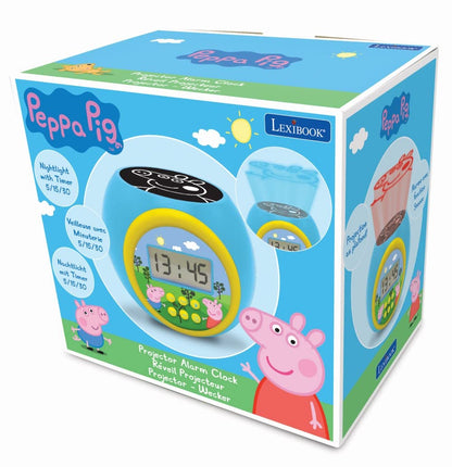 Ceas deșteptător Lexibook cu proiector Peppa Pig, funcție de repetare și alarmă, lumină de noapte cu temporizator, ecran LCD, baterie, albastru/galben LEXIB