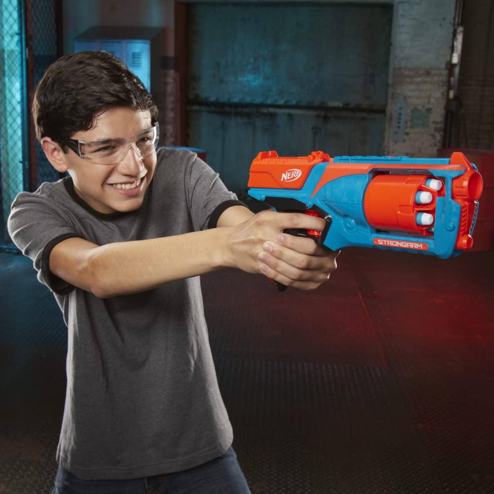 Nerf Elite Strongarm Blaster portocalie – tambur rotativ, foc rapid, 6 săgeți Nerf Elite – pentru copii, adolescenți, adulți