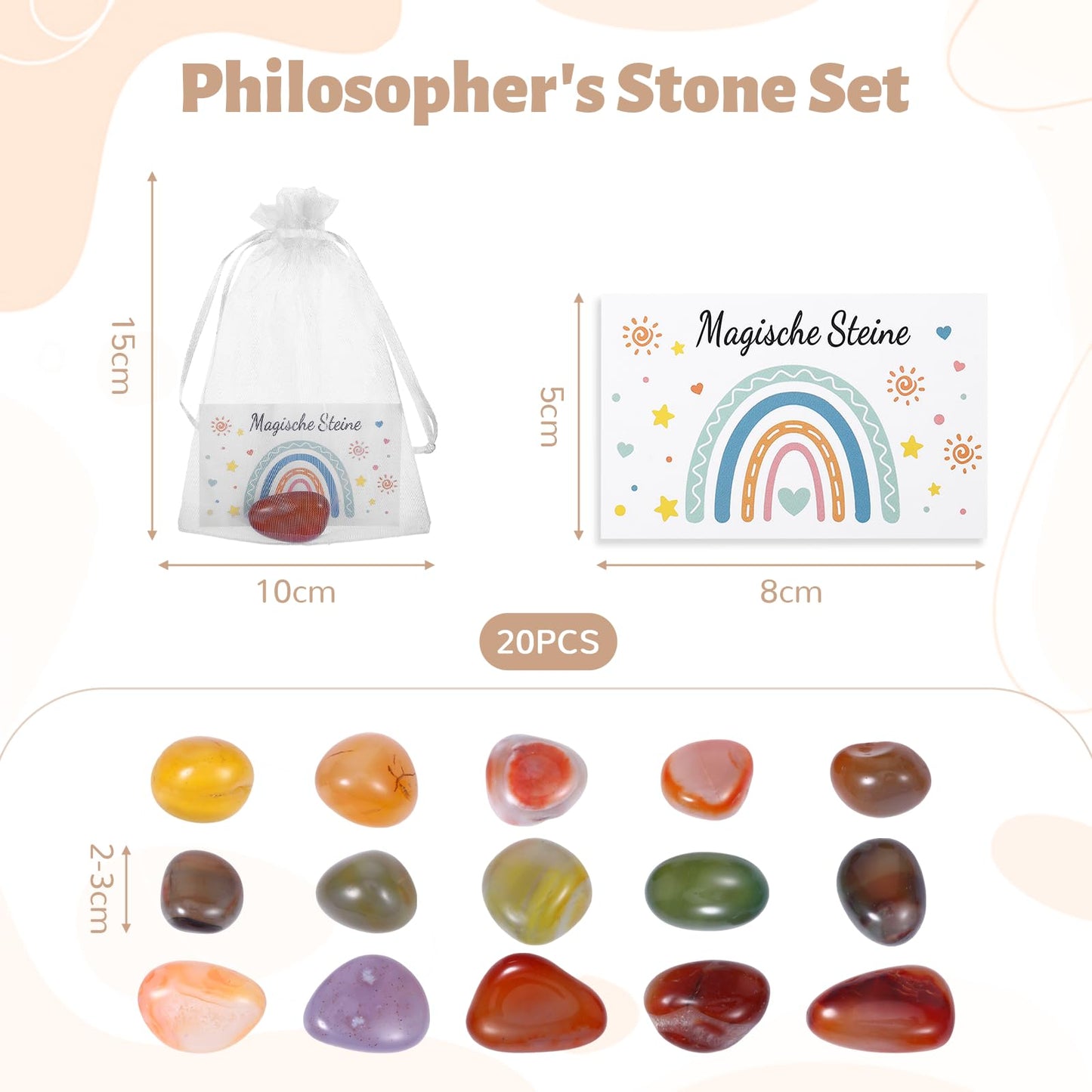 HweeWanX Set de pietre norocoase pentru copii 20 piese cu felicitări și săculeți din organza, cadou perfect pentru petrecerea copiilor