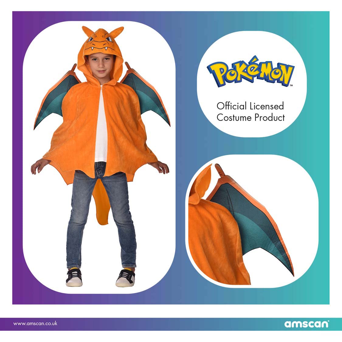 Amscan - Costum pentru copii Glurak, Pelerină din pluș cu glugă, Pokemon, Petrecere tematică, Carnaval