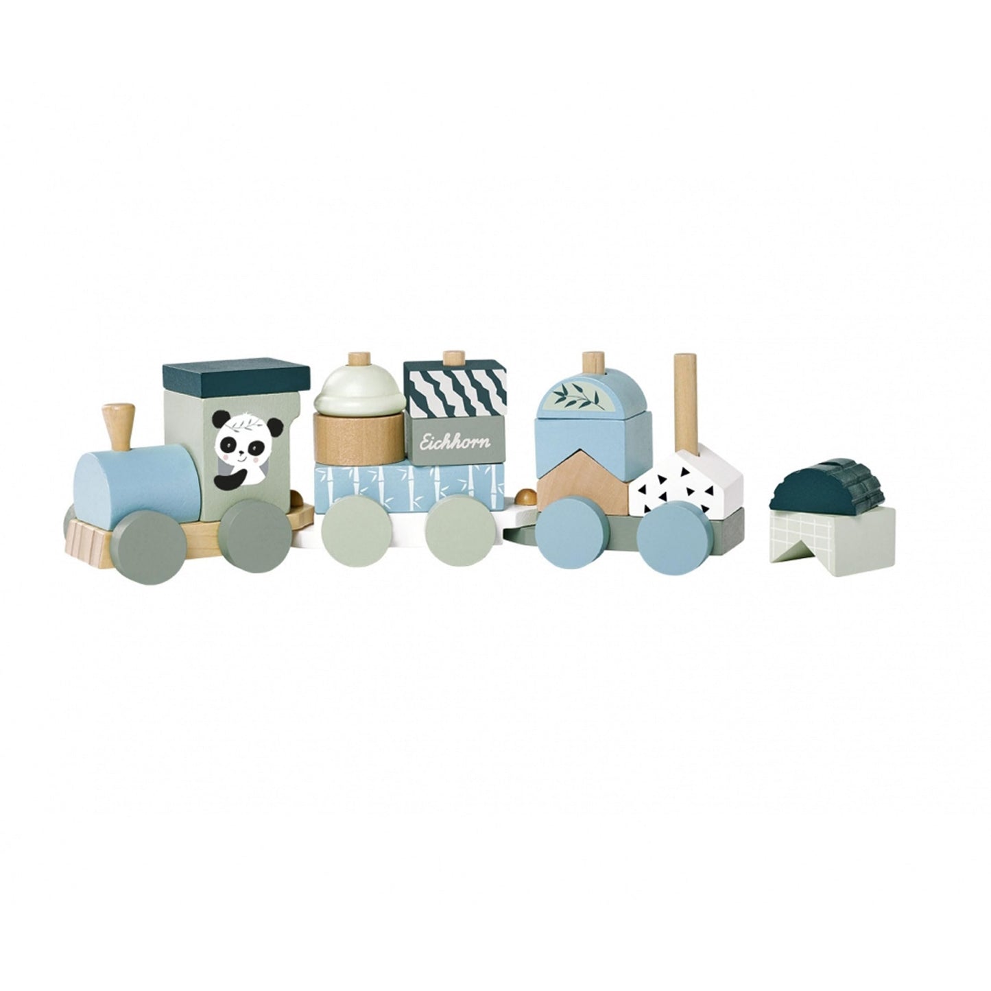 Eichhorn 7/100003804 Set tren din lemn cu 2 vagoane și 13 cuburi colorate, 16 piese, 29 cm, jucărie motricitate pentru copii de la 1 an (gri/bleu deschis)