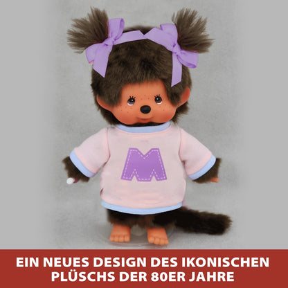 BANDAI - Monchhichi - Figurina din pluș Monchhichi cu hanorac M - Iconic Monchhichi din anii '80 - Pluș 20 cm pentru copii - Hanorac cu litera M - Jucărie pentru copii de la 2 ani - SE203956
