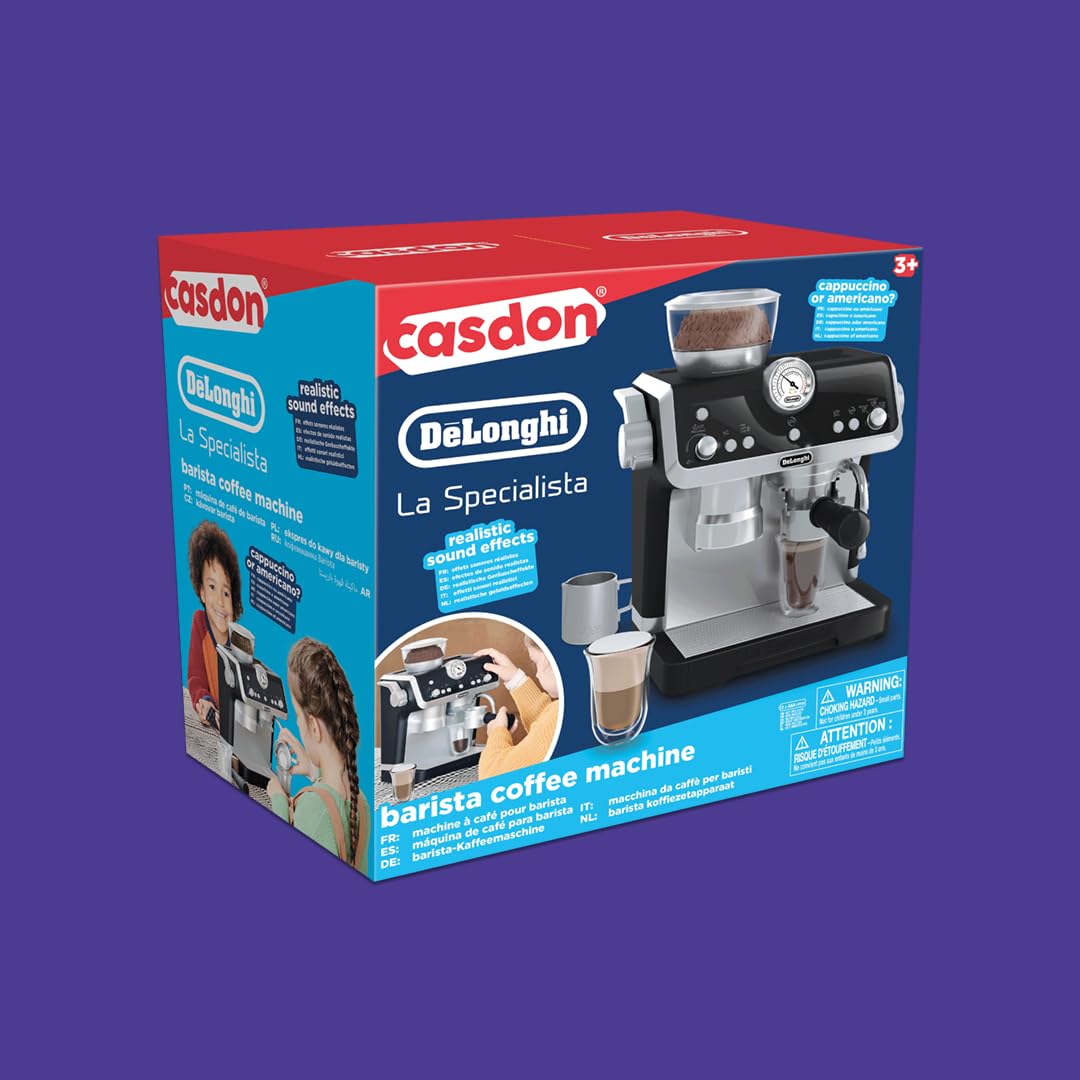 Mașină de cafea Casdon De'Longhi espressor pentru copii. Set de joacă cu bucătărie, cu piese mobile, sunete realiste și cafea magică. Recomandat copiilor de la 3 ani.