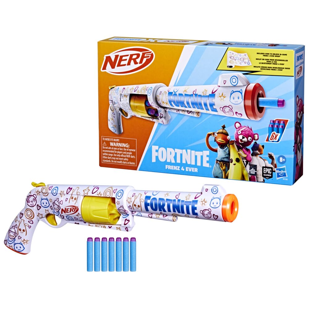 NERF Fortnite Frenz 4 Ever Blaster cu săgeți din spumă 6 piese, cod bonus, pentru copii de la 8 ani (roșu)
