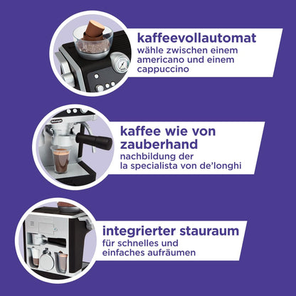 Mașină de cafea Casdon De'Longhi espressor pentru copii. Set de joacă cu bucătărie, cu piese mobile, sunete realiste și cafea magică. Recomandat copiilor de la 3 ani.