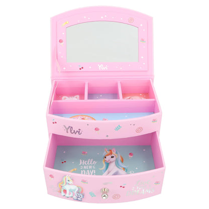 Depesche 13203 Ylvi - Cutie mică pentru bijuterii roz, cu motiv de unicorn și model, cutie de bijuterii cu capac pliabil și oglindă