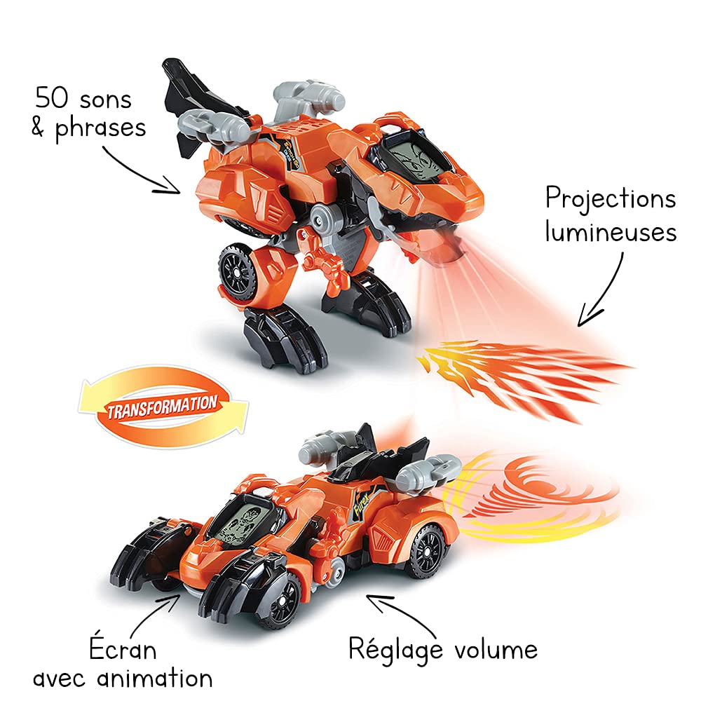 VTech Switch & Go Dinos Furex, T-Rex 2-in-1 cu sunete, jucărie transformabilă în mașină de curse, proiecții luminoase, cadou pentru copii de la 4 ani