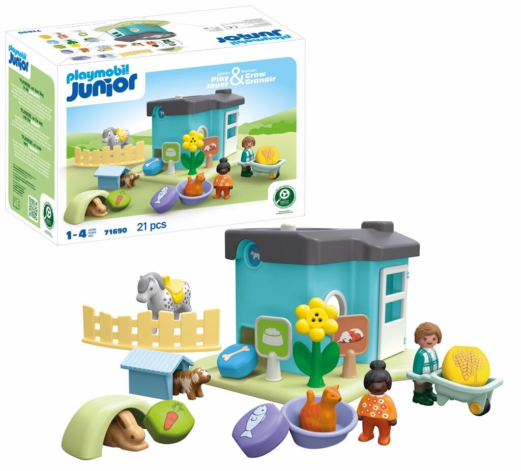 PLAYMOBIL JUNIOR | Adăpost pentru animale cu distribuitor de hrană | jucărie ecologică din plastice biobazate | pentru copii de la 1 an | 71690