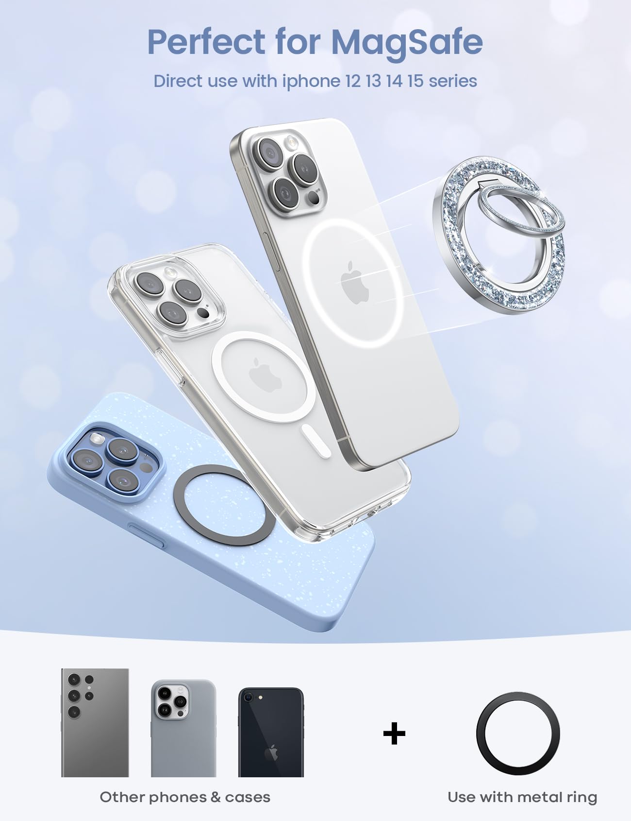 Suport Magnetic pentru Telefon Lamicall Bling pentru MagSafe - [Inel Strălucitor 2025] cu Rotire 360° pentru iPhone 17 16 15 14 13 Pro/Pro Max/Plus/Air, Alte Telefoane cu Inel Metalic - Argintiu