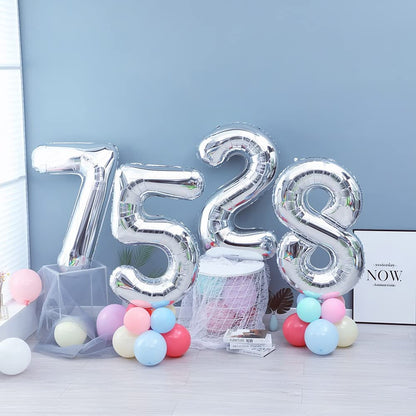 Balonii cu numere Ponmoo 25/52 Argintii, Răsuciti 0-100, Folienballons pentru Nuntă, Aniversare, Petrecere de Naștere