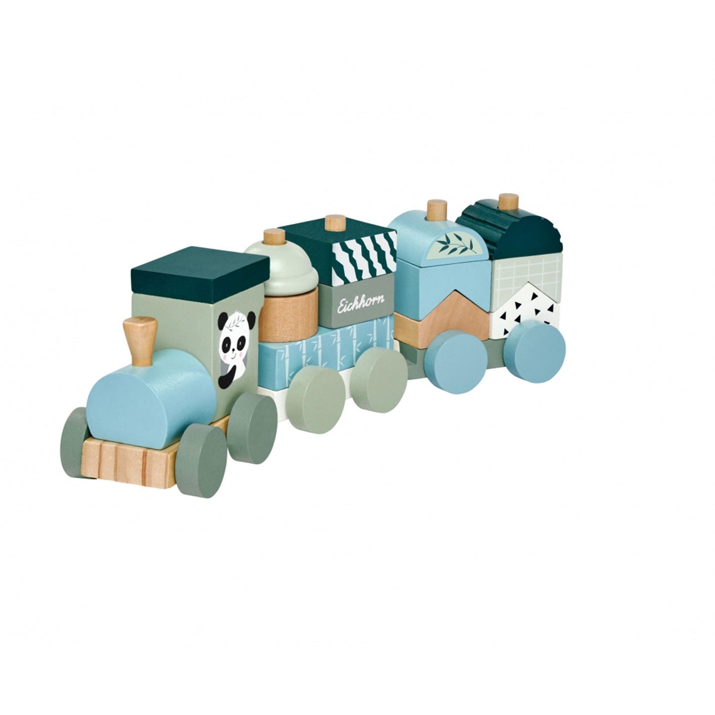 Eichhorn 7/100003804 Set tren din lemn cu 2 vagoane și 13 cuburi colorate, 16 piese, 29 cm, jucărie motricitate pentru copii de la 1 an (gri/bleu deschis)