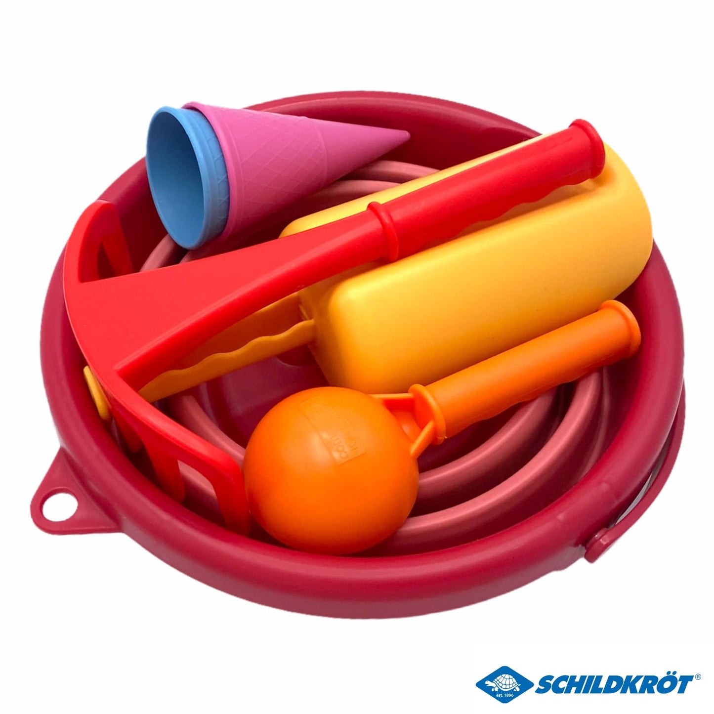 Set de Jucării de Nisip 7 în 1 Schildkröt, Inovator, Compact și Economisitor de Spațiu, Cub de 3 Litri Pliabil cu 6 Jucării de Nisip, 970245