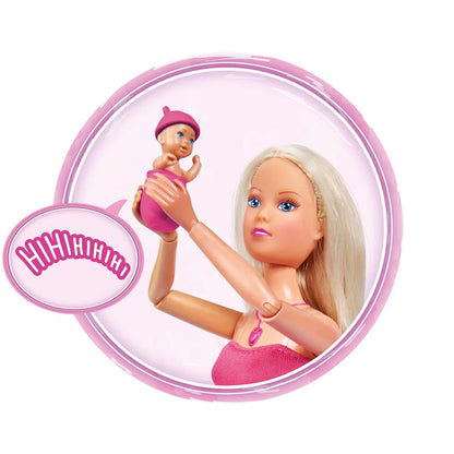 Simba 105733480 - Steffi Love Babyglück, păpușă gravidă cu bebeluș și sunete minunate, accesorii pentru bebeluși și scoică auto pentru bebeluși