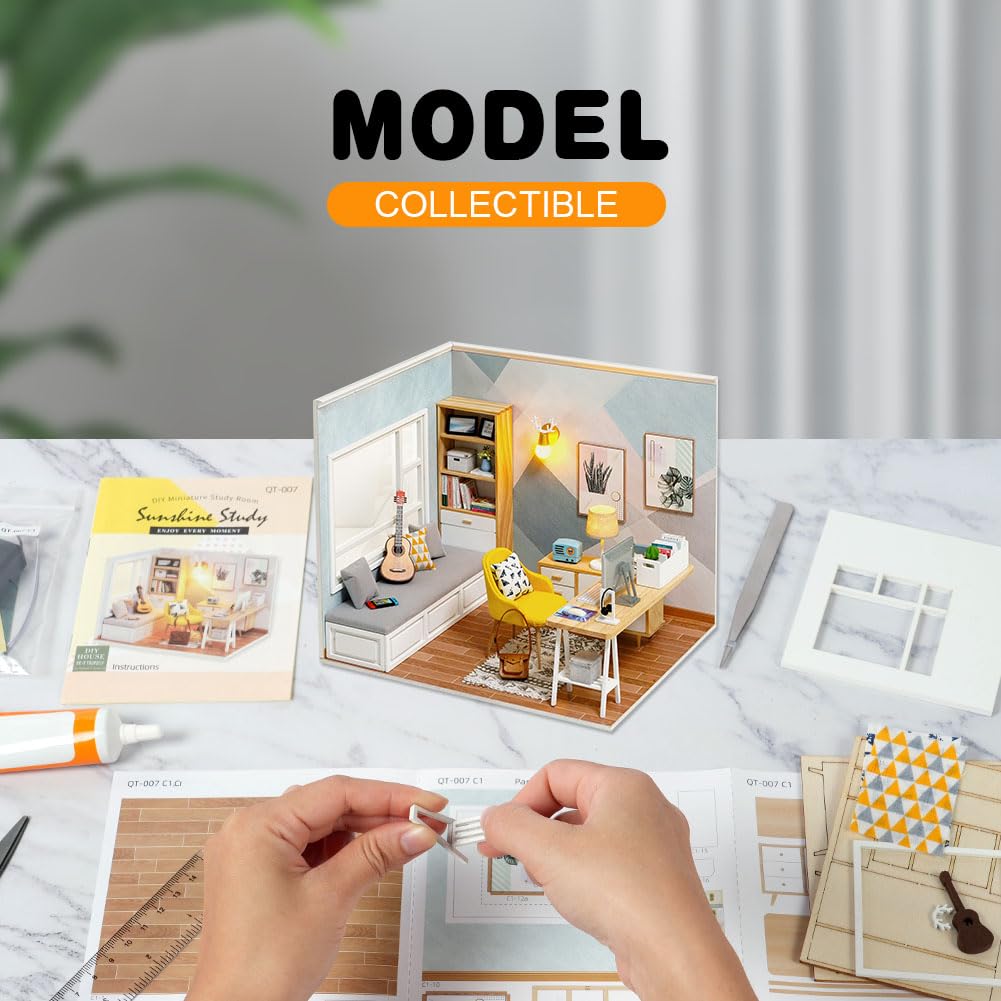 OSDUE Kit Miniatură Casă de Păpuși DIY, Model din Lemn cu LED și Protecție împotriva Prafului, Cadou de Craft pentru Adulți și Copii